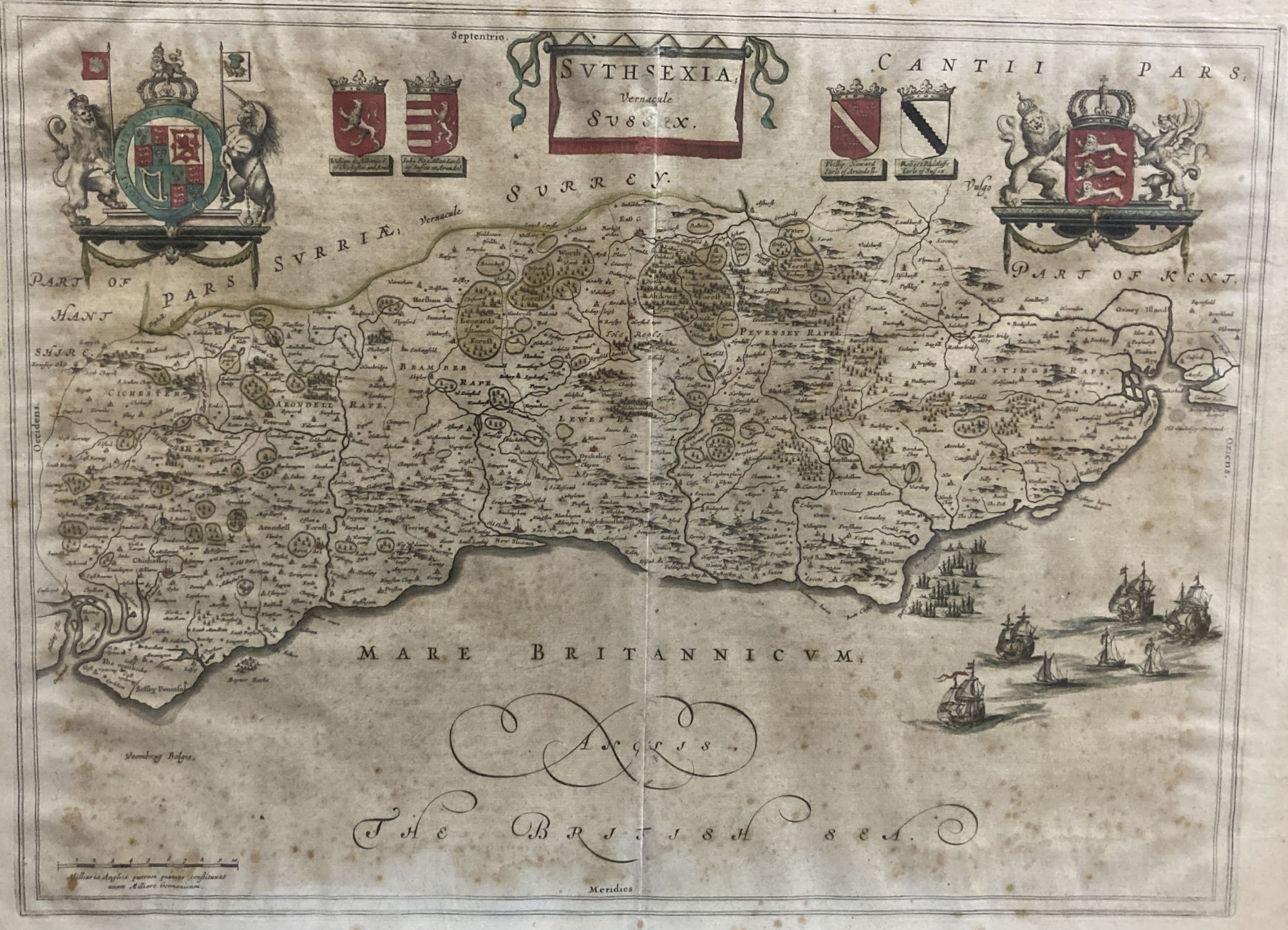 John Blaeu, coloured engraving, Map of Suthsexia Vernaculae Sussex, overall 49 x 60.5cm